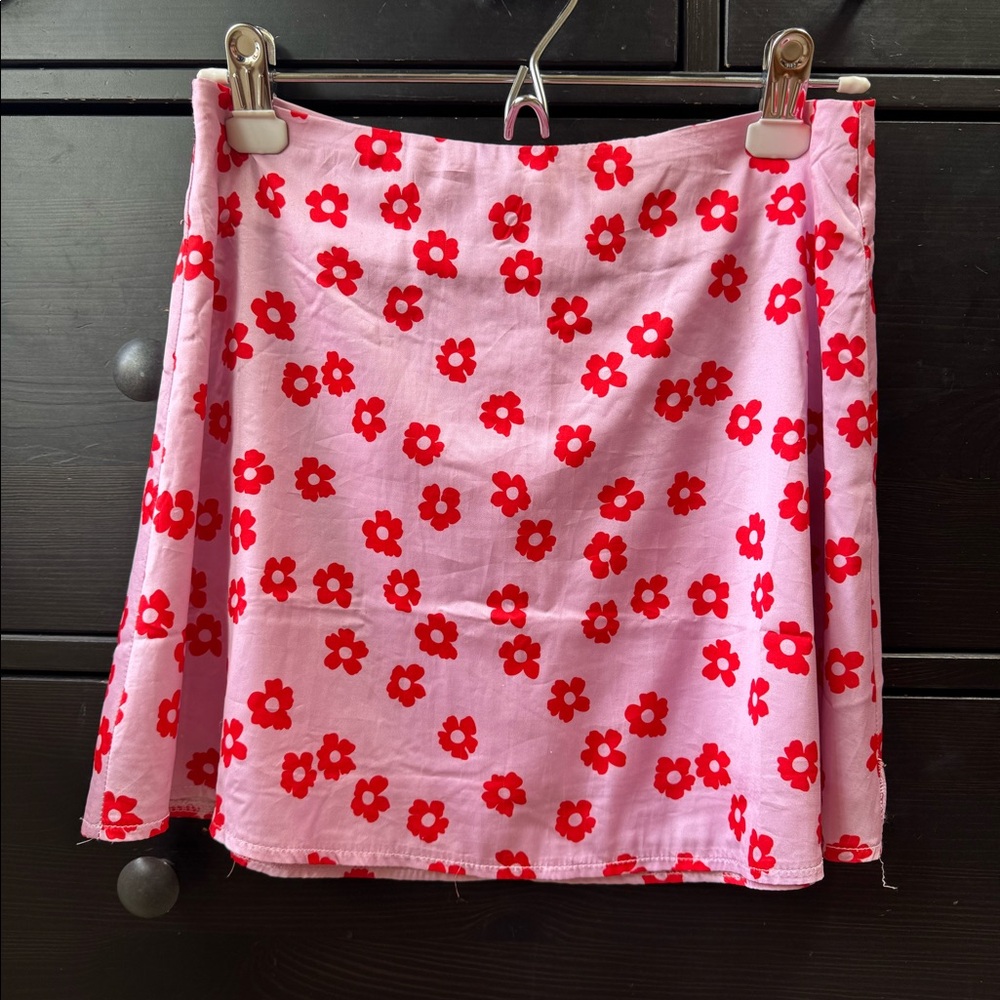 Pink Mini Skirt with Red Flowers